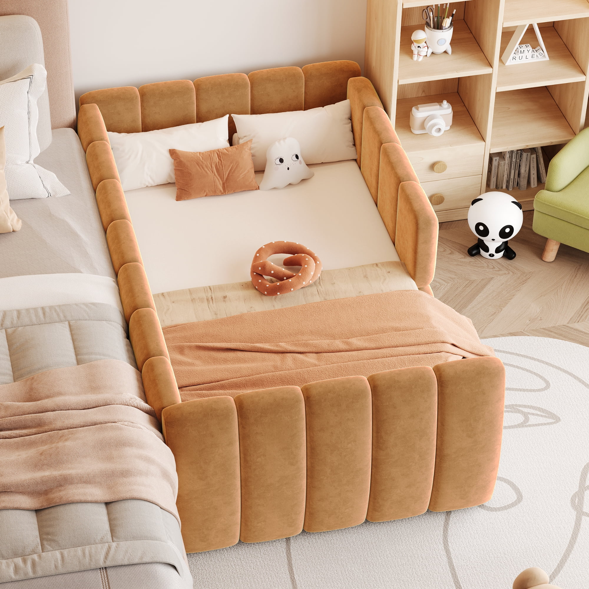 Euroco Upholstery Toddler Floor Bed with Guardrails, Orange