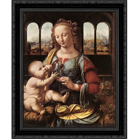 The Madonna of the Carnation 20x24 Black Ornate Wood Framed Canvas Art by Da Vinci, Leonardo