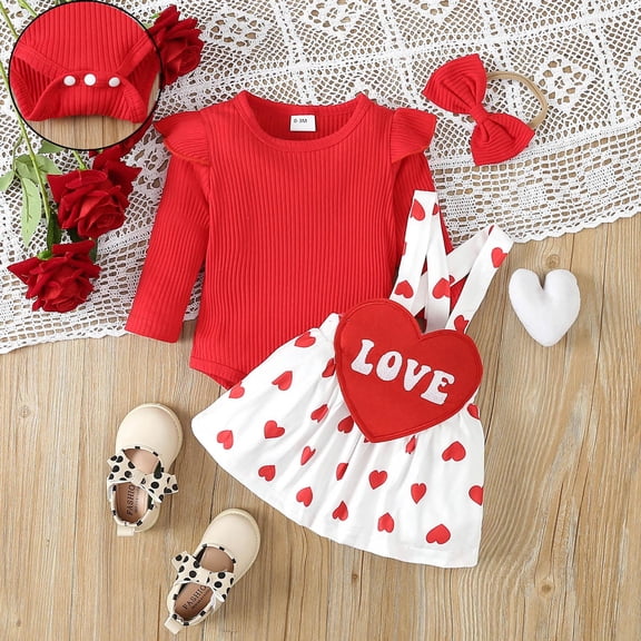 Baby Girl Valentines Outfit Long Sleeve Heart Print Romper Bodysuit Suspender Skirts and Headband Set Cute Girl Outfits for 9-12 Months Old Girl