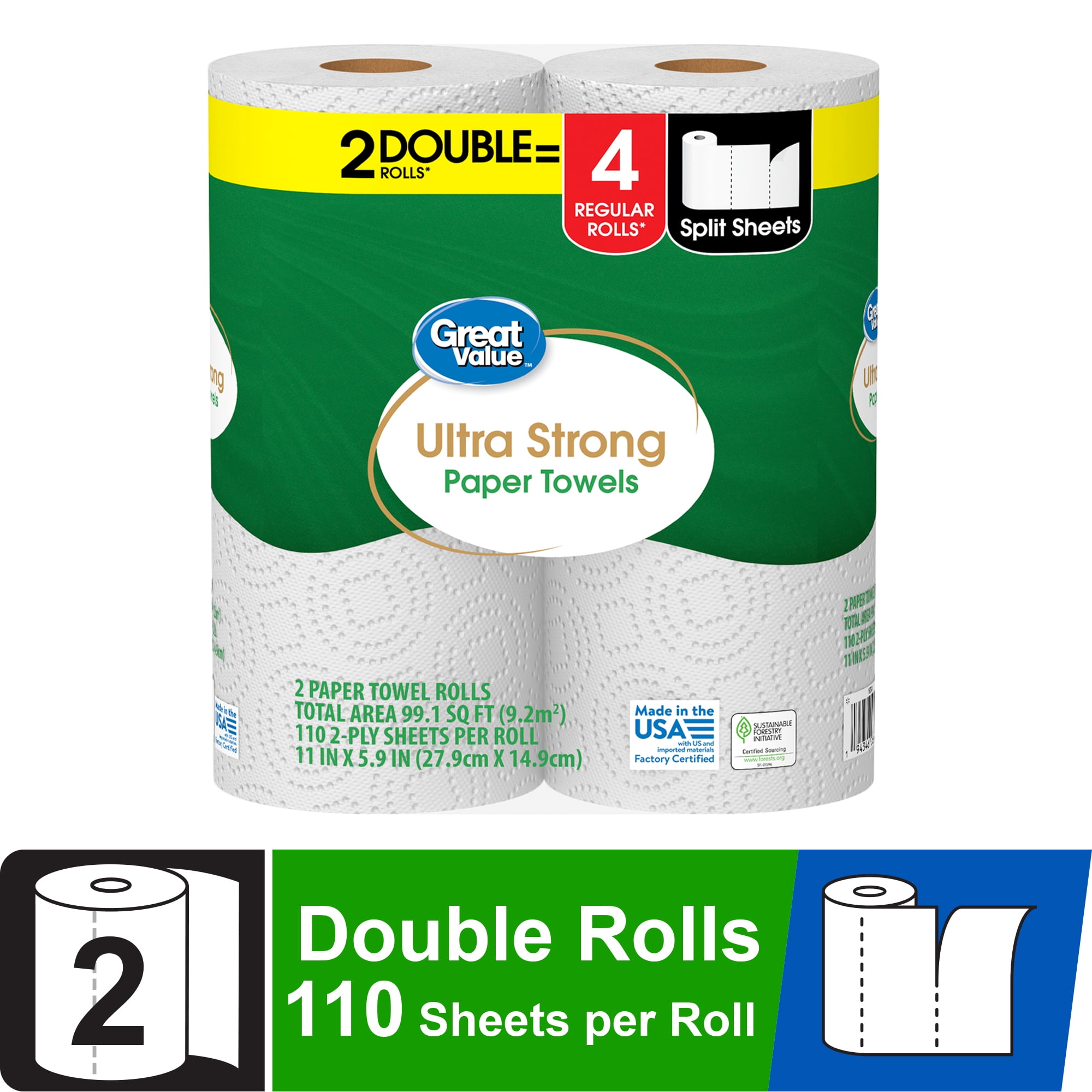 Great Value Ultra Strong Paper Towels, 2 Double Rolls