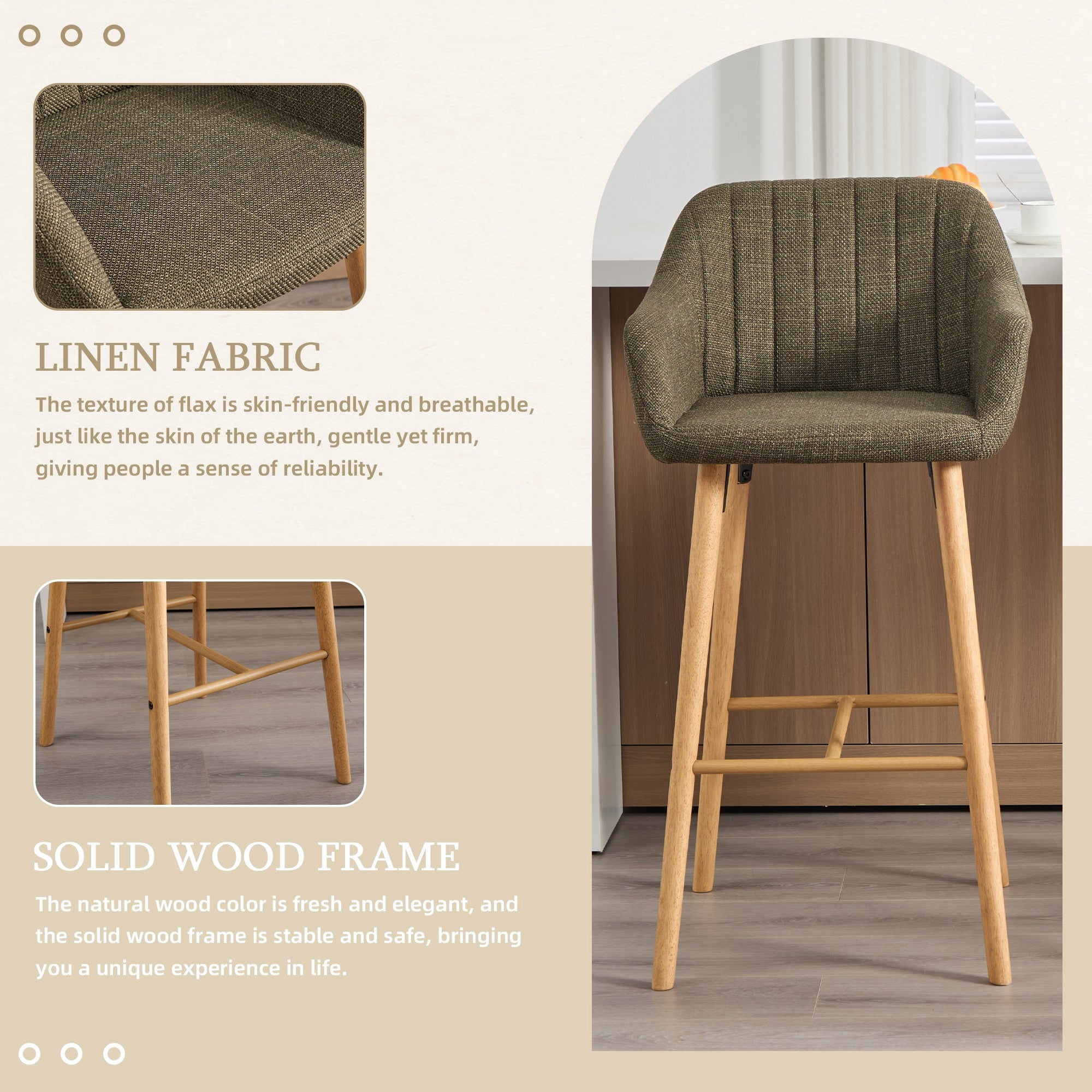 Sailvan Set of 2 Modern Bar Stools,Linen Upholstered Kitchen Island Chairs with Back & Arms,Solid Wood Legs Tall Counter Stools Green