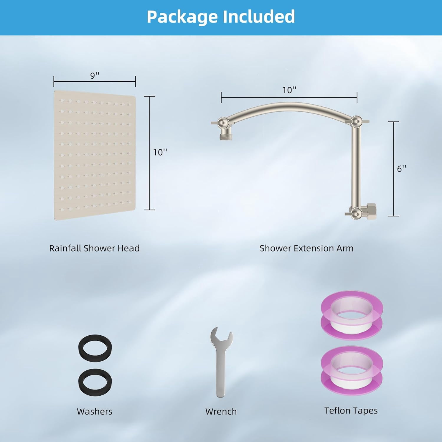All Metal cUPC Certified Rain Shower Head, 10'' High Pressure Rainfall Showerhead with 16" Shower Head Extension Arm, Brass Adjustable Shower Arm Extender, fixed Showerheads, Brushed Nickel