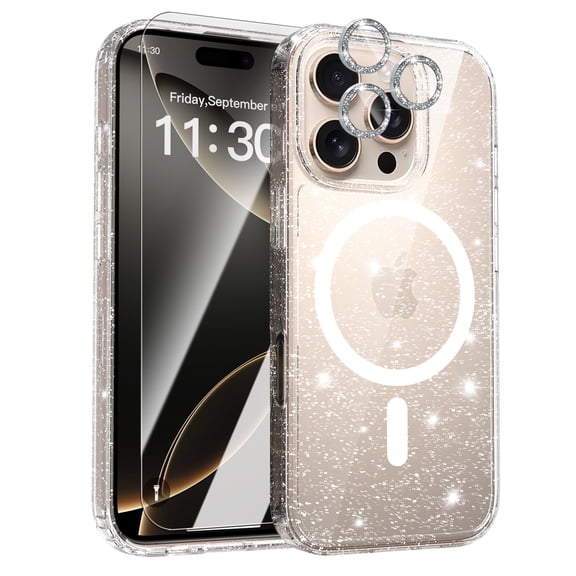 Dteck Glitter Case for iPhone 16 Pro with Diamond Camera Lens Cover and Screen Protector, Compatible with MagSafe, Cute Bling Sparkly Phone Cover, Clear