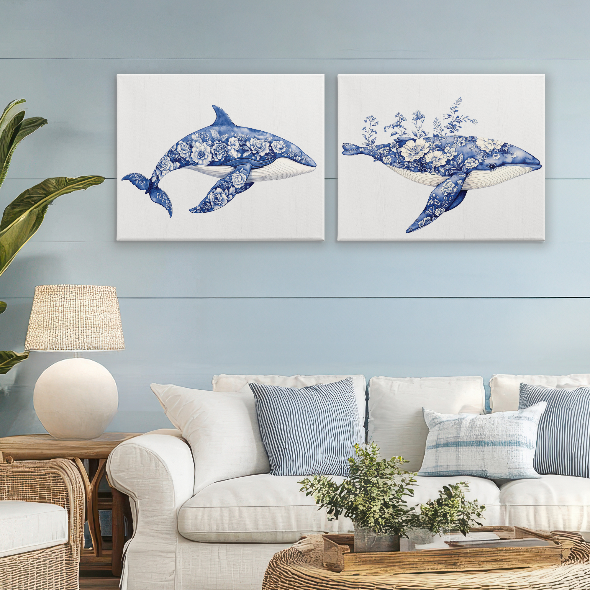 Blooming Toile Pattern Whales 2 Piece Canvas Wall Art Set, design by Lettered and Lined