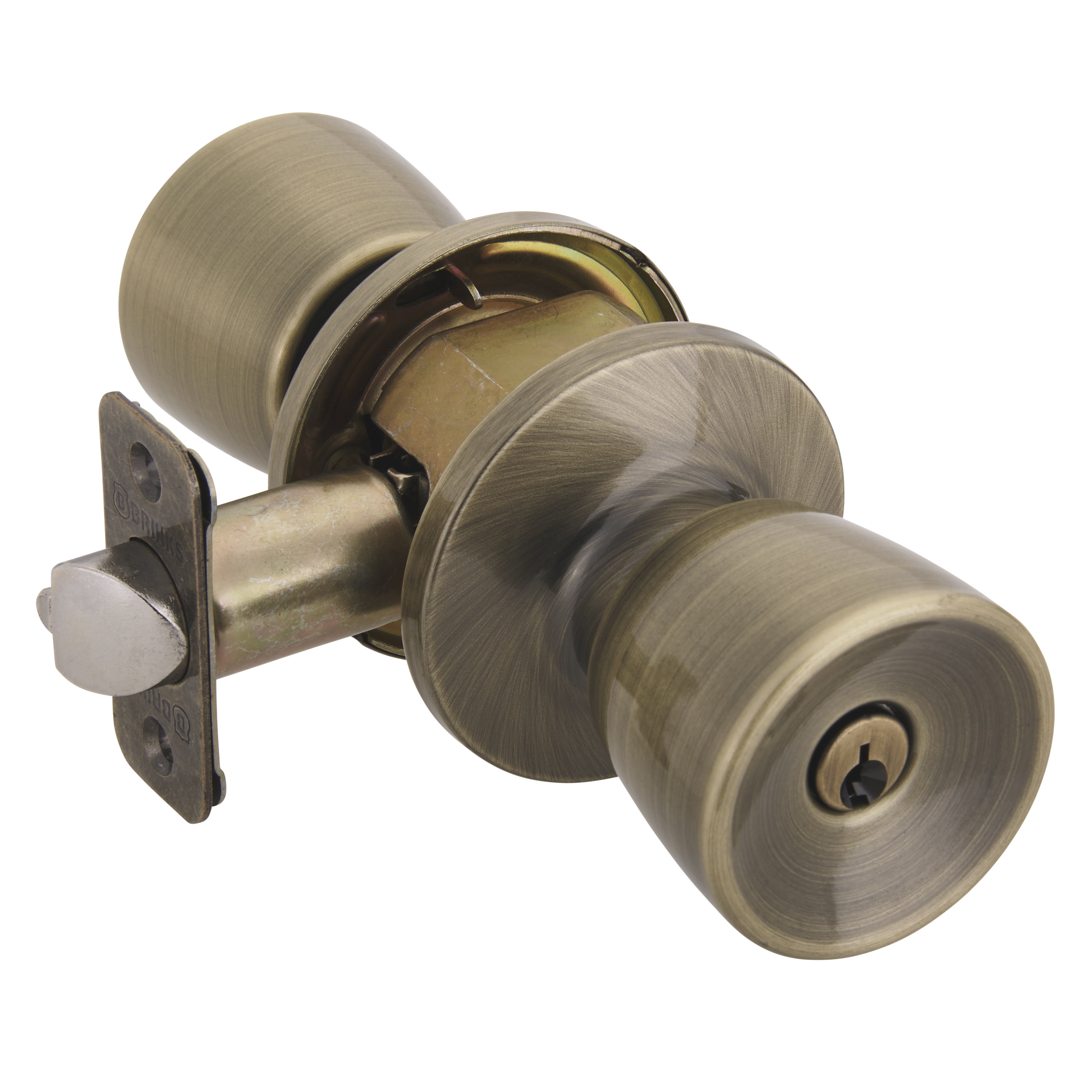 Brinks Keyed Entry Classic Bell Style Doorknob Twin pack, Antique Brass Finish