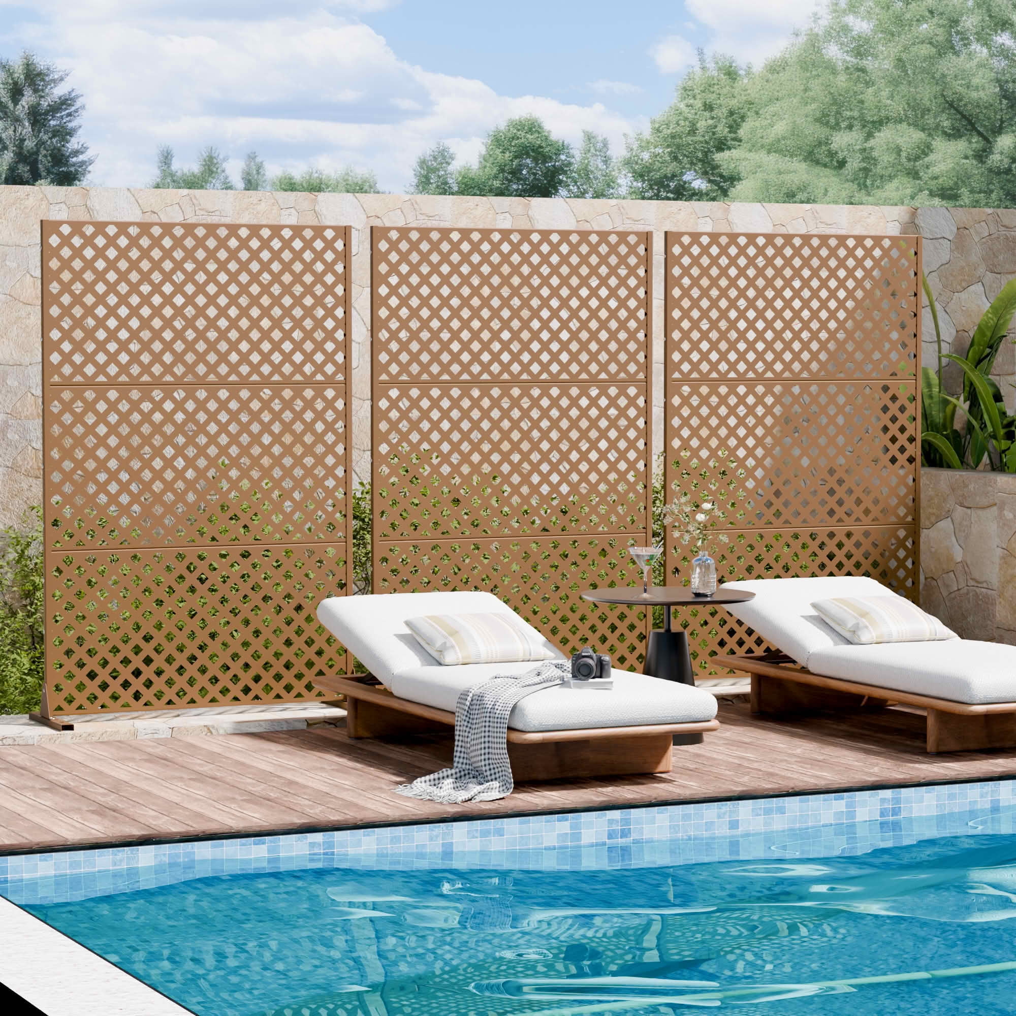 MAYEERTY 72x47x16 Inch Brown Diamond Rectangular Galvanized Steel Privacy Screen, 3 Piece Set for Outdoor Garden