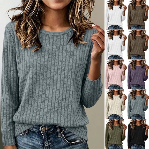 Asxite Women Fall Winter Tops Round Neck Long Sleeve Ribbed Brushed Solid Thin Pullover Shirts