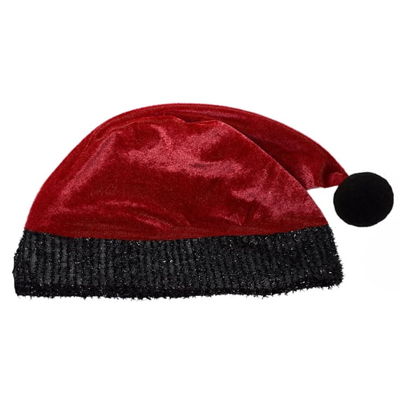 SeasonsTrading Adult Red Plush Santa Hat With Black Shimmery Trim- Christmas Costume Party