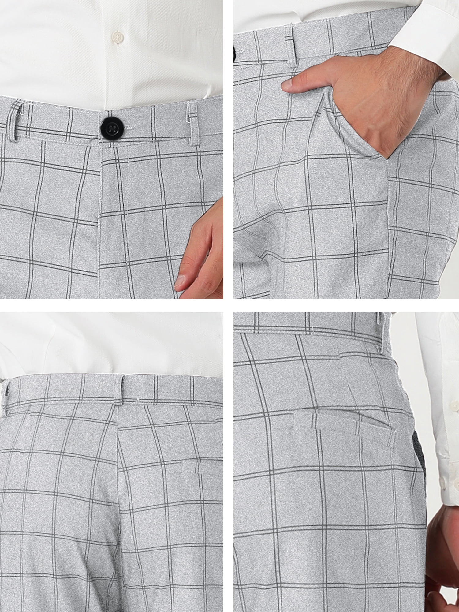 Unique Bargains Men's Slim Fit Plaid Business Pants Trousers with Pockets 30 Light Grey