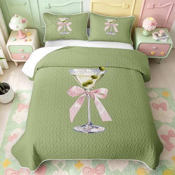 Manfei Cute Bowknot Goblet Quilt Full,Pink Girly Bowtie Full Bedspread Sets,3pcs,1 Coverlet and 2 Pillowcases