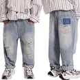 thumbnail image 2 of BOOMNY Toddler Boys Ripped Distressed Jeans Elastic Waist Solid Color Straight Leg Baggy Denim Pants With Pocket, Sizes 4-5 Years, 2 of 6
