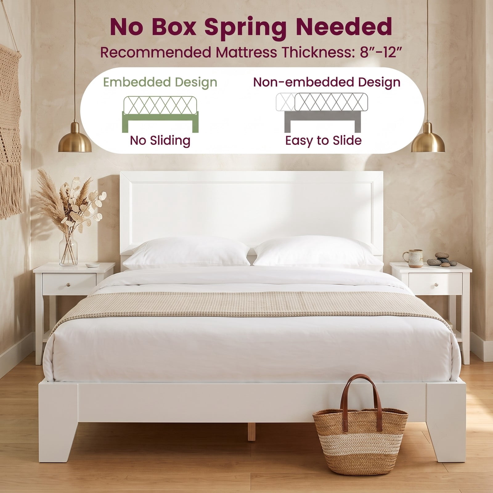 Furnibear Queen Bed Frame with Headboard, Modern Wood Platform Bed with Panel Headboard, Wooden Slats and Tapered Legs, White