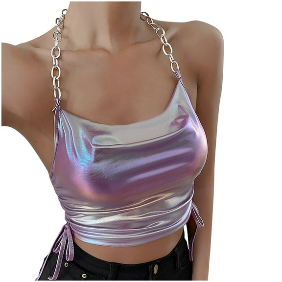 Mittory Women's Metallic Holo Halter Chain Neck Cami Tank Top Sleeveless Vest Crop Tops for Rave Music Festival