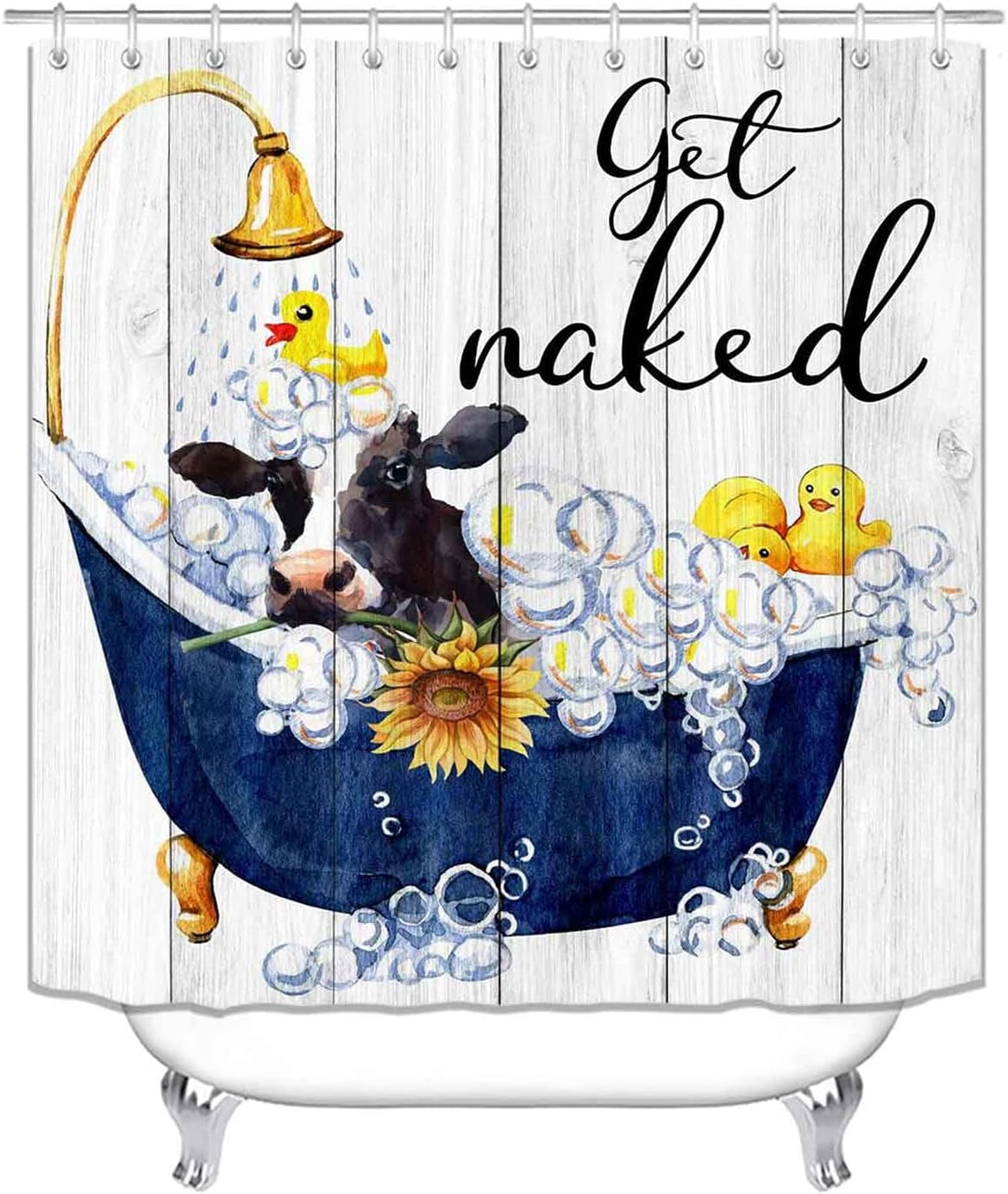 4PCS Funny Highland Cow Shower Curtain Set, Waterproof White Fabric Shower Curtain, Non-Slip Bath Mat Bathroom Rugs Sunflower Floral Farm Animal Western Country Rustic Farmhouse Bathroom Decor