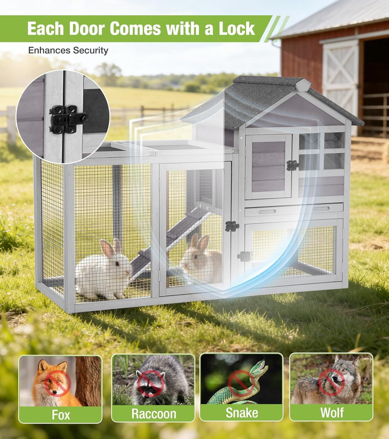 Aivituvin Rabbit Hutch Indoor Outdoor Chicken Coop, 51.6" L Wooden Rabbit Cage with No Leakage Plastic Tray, Rainproof Asphalt for Chicken,Guinea Pig, Bunny Hutch(Gray)
