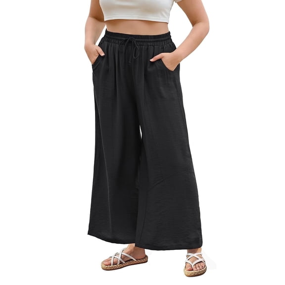 CASSIE LIZ Womens Pants Plus Size Summer Wide Leg Black Palazzo Pants Lounge Ladies Casual Drawstring Fall Pants with Pocket XL 14W 16W