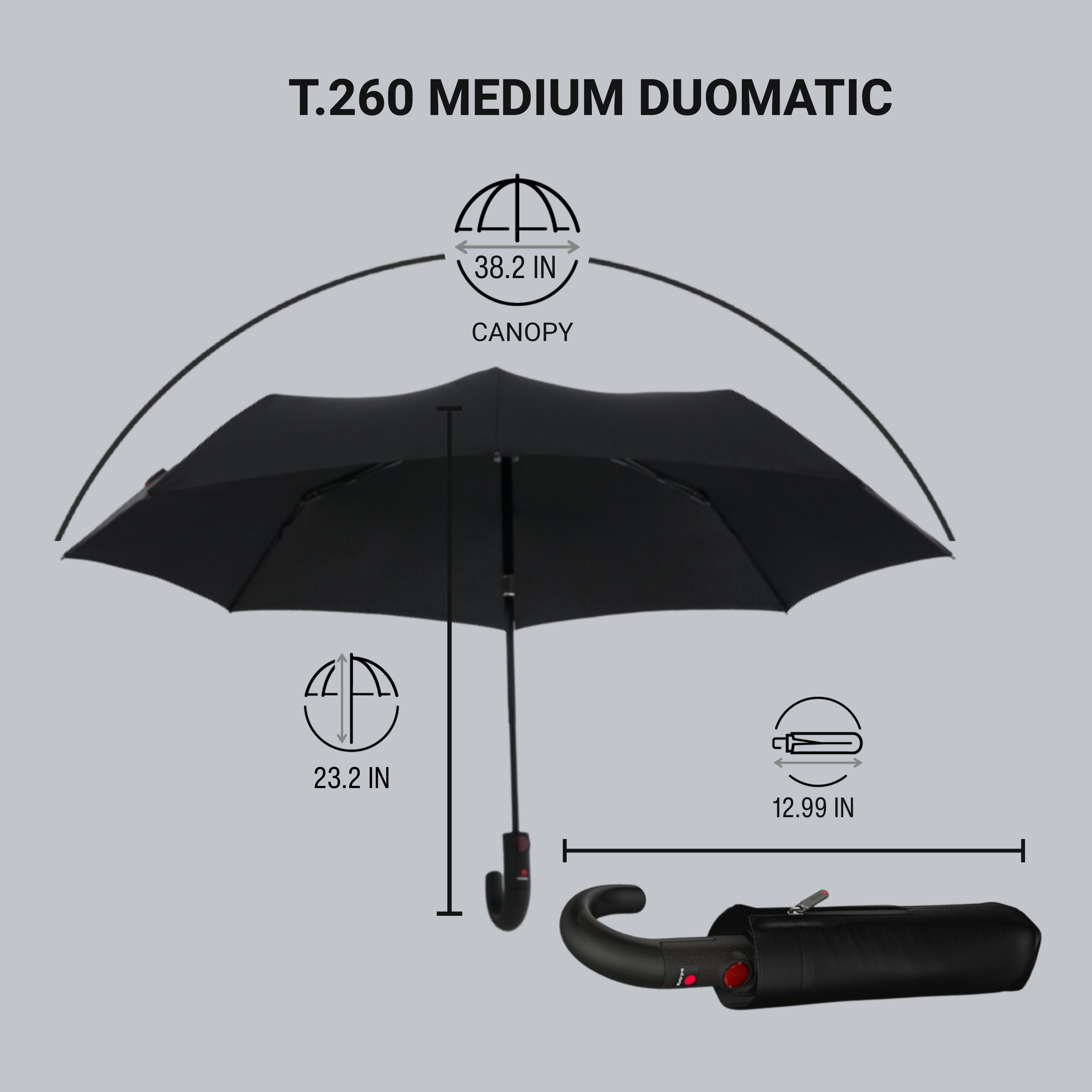 Knirps T.260 Duomatic Medium Pocket Rain Umbrella in Black– Automatic Open Close, Wind-Tunnel Tested to 93mph, Hook Handle Design, 38in Canopy, OEKO-TEX, Fits in Backpacks & Purses
