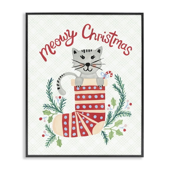 Stupell Industries Cottage Meowy Christmas Clever Cat Nestled Patterned Stocking Black Framed Giclee Art, 11 x 14, by Heather Strianese