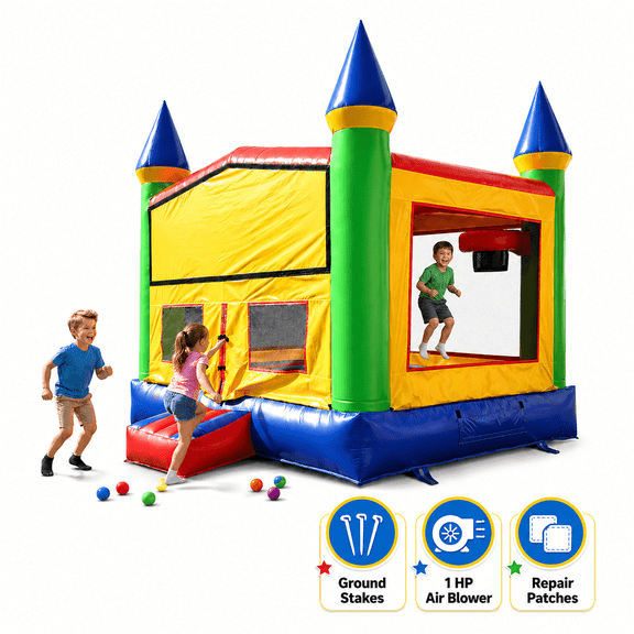 Rayocon Inflatable Castle Bounce House, 13 x 13 x 15 ft with Blower, Basketball Hoop and Mesh Sides for Kids Summer Backyard Play