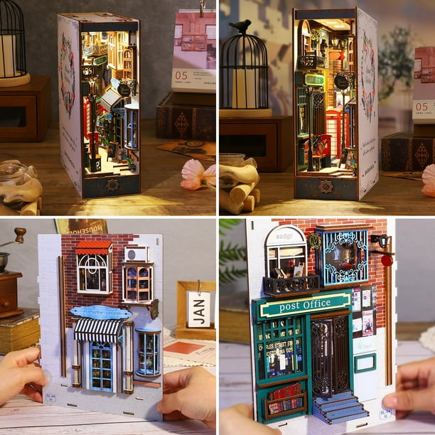 DIY Book Nook Kit 3D Wooden Puzzle Bookshelf Insert Decor with Sensor Light  DIY Miniature Dollhouse Model Kit Creative Decorative Educational Bookshelf  Insert Bookend Building Kits for Kids Adults 