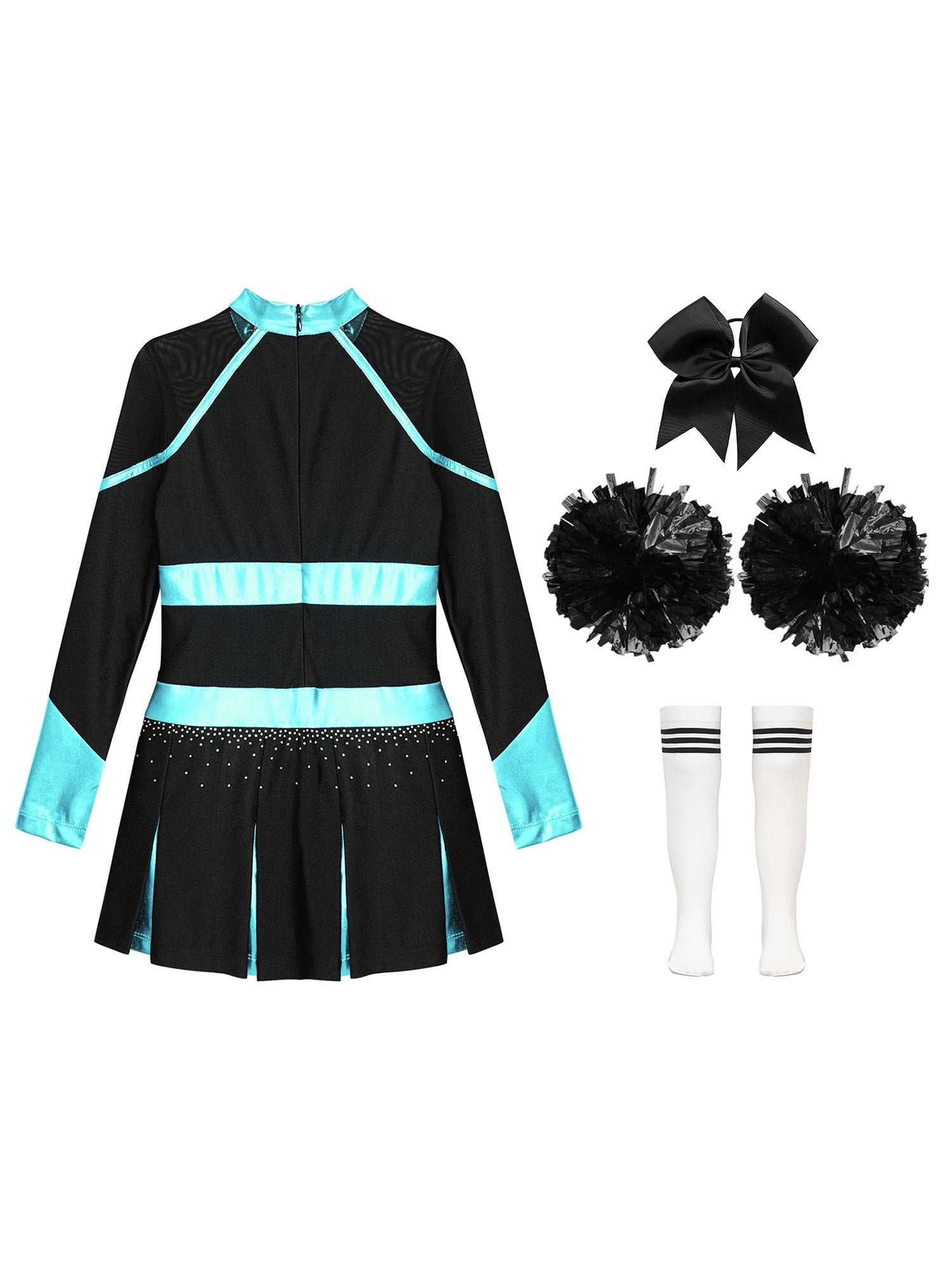 Haitryli Kids Girls Long Sleeve Cheerleading Dance Dress and Headwear Pom Pom Socks Halloween Cheer Leader Performance Outfits Blue Green&White 10