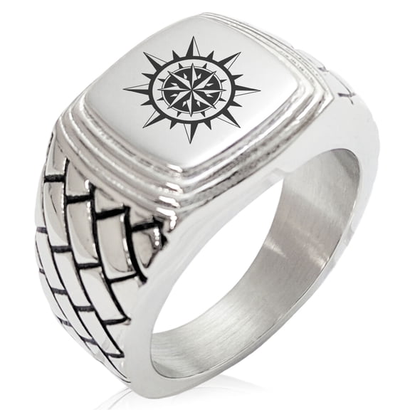 Stainless Steel Nautical Concentric Compass Geometric Pattern Step-Down Biker Style Polished Ring