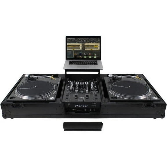 BLACK LABEL LOW PROFILE (1-TEIR) GLIDE STYLE DJ COFFIN W/WHLS FOR A 12" FORMAT DJ MIXER & TWO TURNTABLES IN BATTLE POSITION