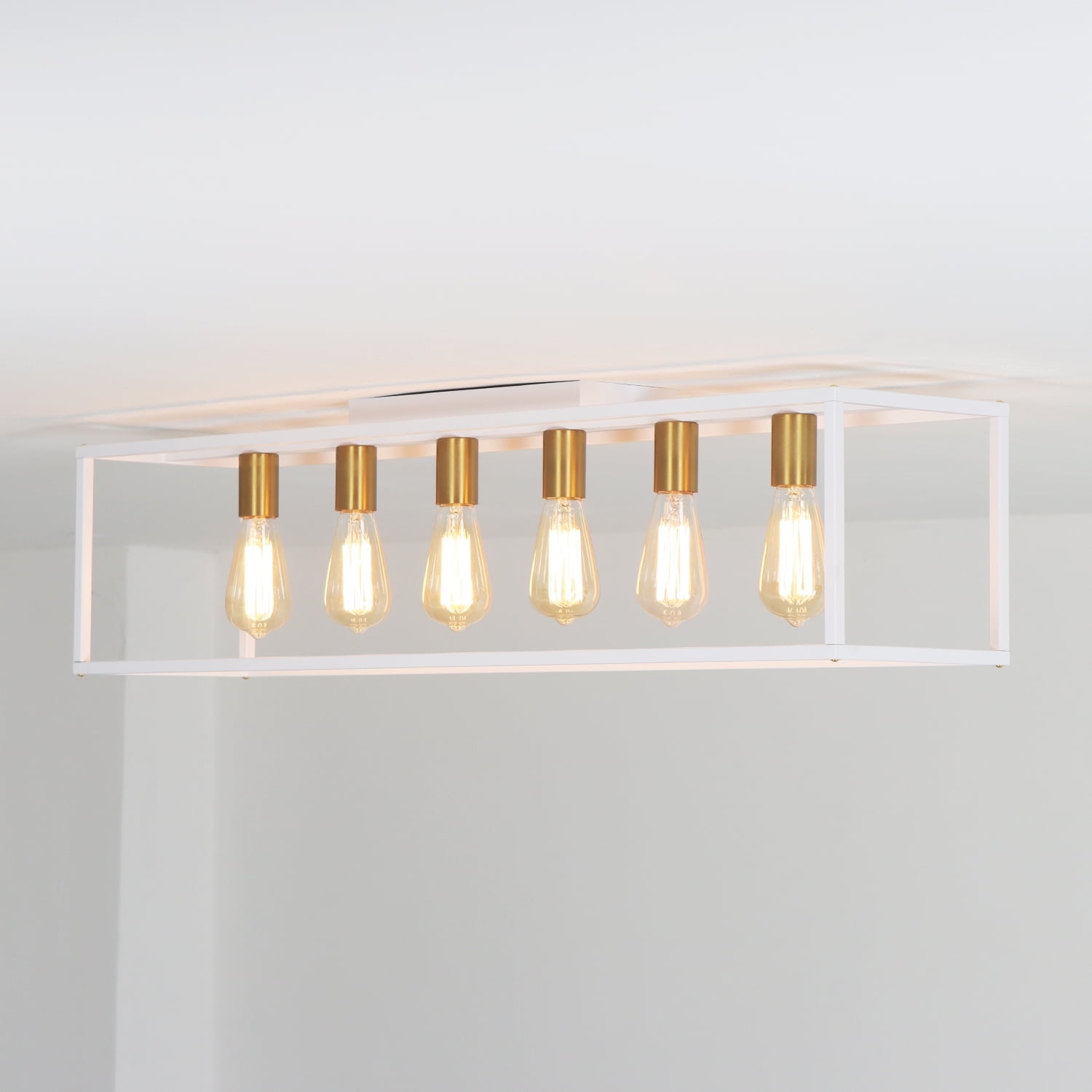 38" 6-Light Farmhouse White Rectangle Cage Close to Ceiling Light for Living Dining Room