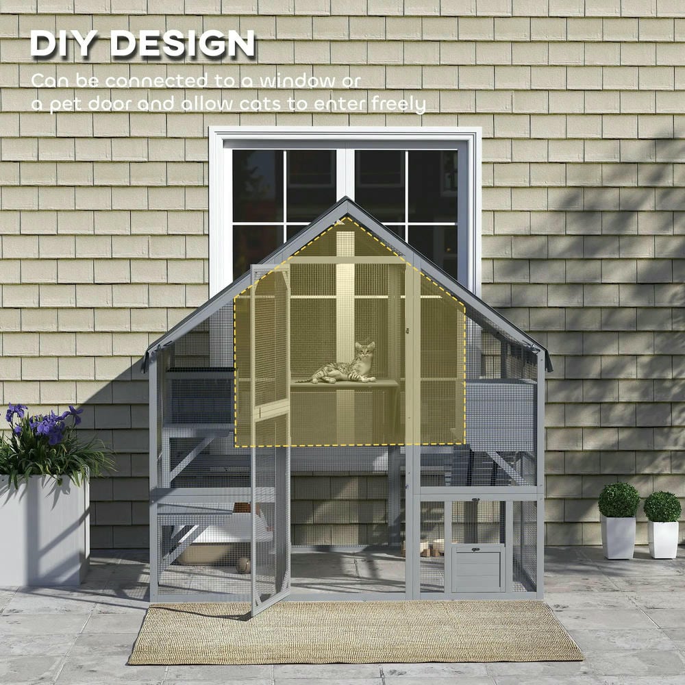 Kepooman Cat House, Cat Catio,Outdoor Cat Enclosure with Waterproof Cover, 2 Condos, 4 Platforms, Bridge, Doors, Gray