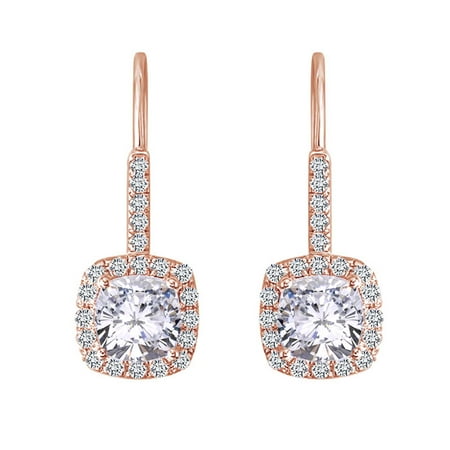 2.62 Cttw Womens Cushion White Moissanite Halo Dangling Drop Earring 14Kt Rose Gold Over Sterling Silver