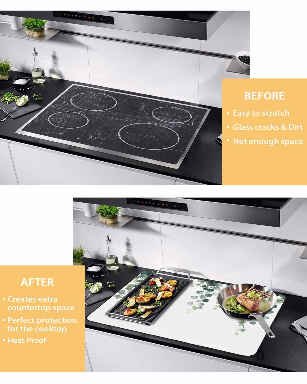 nqOlkjepod Large Induction Cooktop Protector Mat 36"x21", Green Leaves Stove Top Covers for Electric Stove, Watercolor Spring Eucalyptus Branches Stove Burner Cover Mats, Glass Top Stove Cover