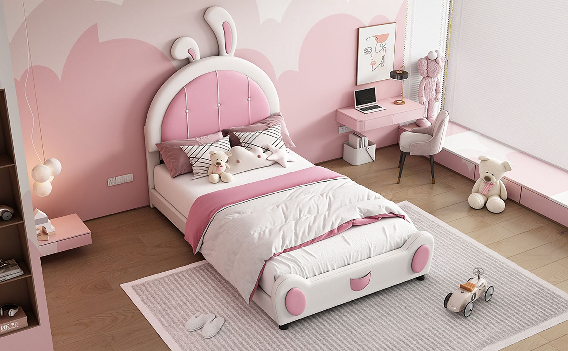 Mintazer Twin Size Upholstered Bed with Bunny Shaped Headboard, Platform Bed for Kids Adult Girl Bedroom Apartment, White & Pink