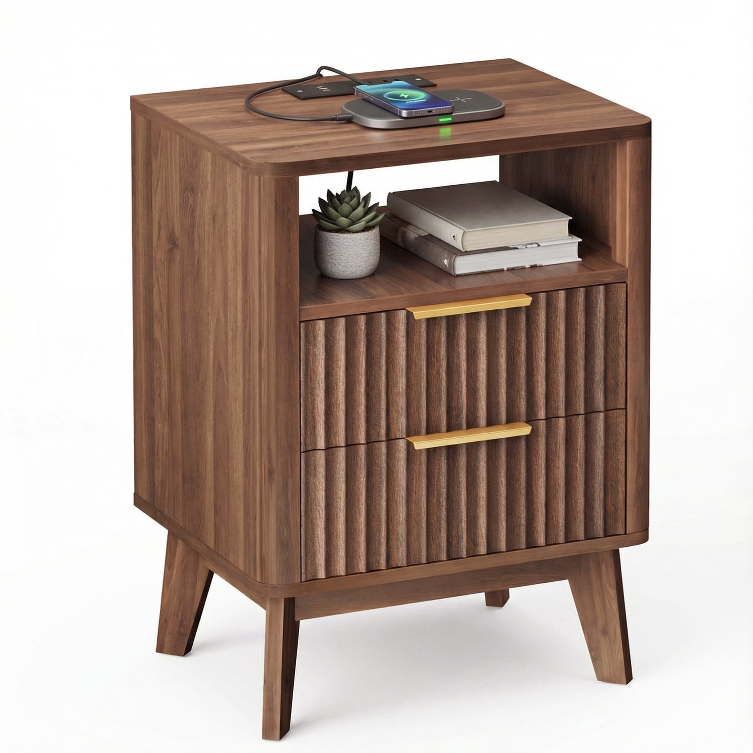 TOMNK Fluted Nightstand with Charging Station, 18" Modern Side Table, 2 Drawers End Table with Storage, Bedside Table for Bedroom, Living Room, Curved Profile Design, Dark Walnut