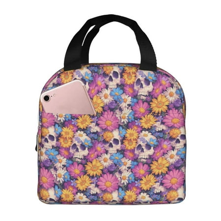 Insulated Lunch Bag for Women Men - Skull daisy flower Leakproof Cooler Lunch Box for Women Men  Lunch Tote Bags for Work School Picnic Travel