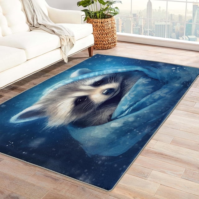 Raccoon Area Rug 4x5, Navy Blue Rugs for Bedroom Living Room, Animal Carpet, Machine Washable Rug, Non Slip Soft Low Pile Rugs Home Decor T6&-155