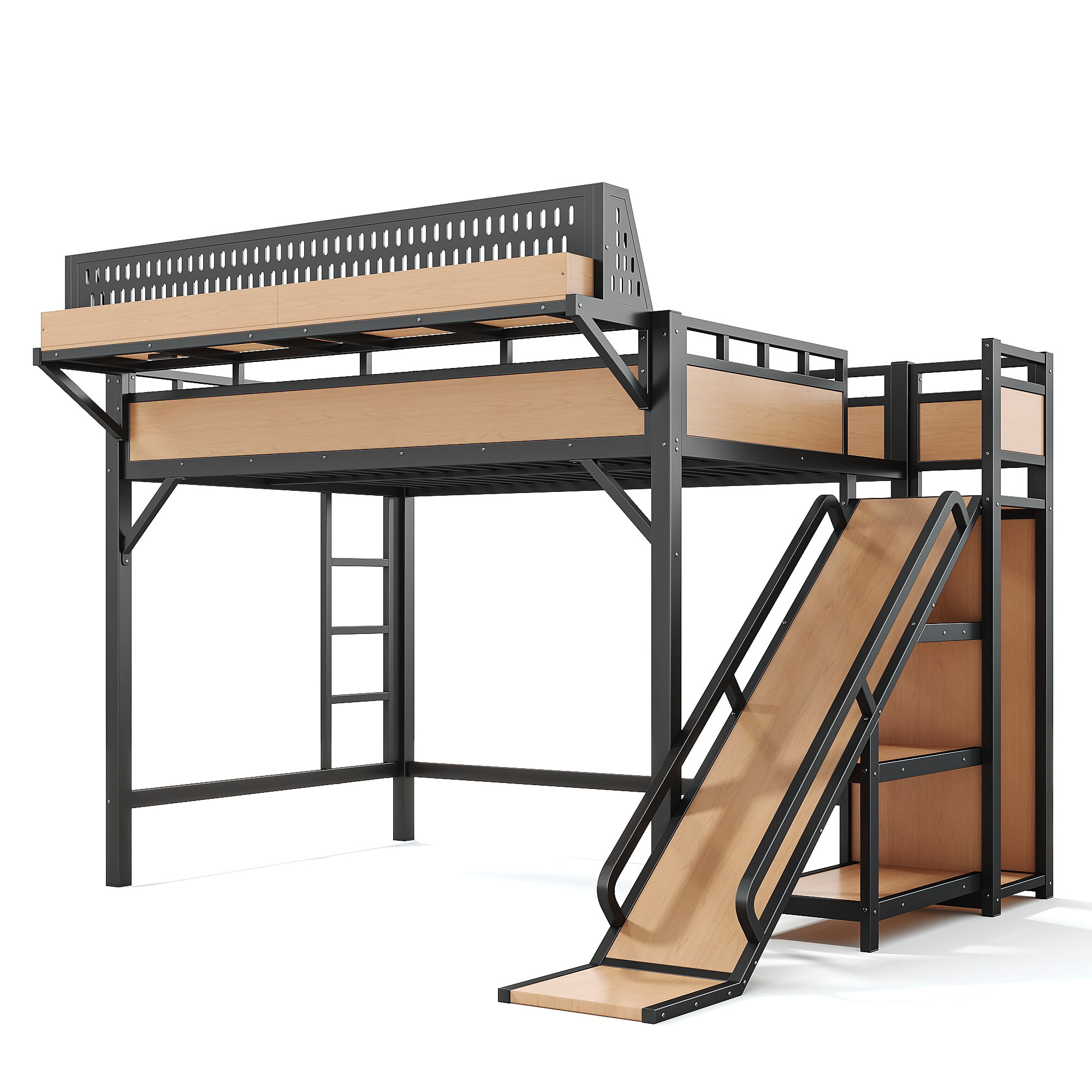 Full Size Metal Loft Bed with Slide and Storage Shelves, Built-in Wardrobe and USB Ports with LED Lights for Kids, Natural