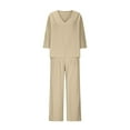 thumbnail image 4 of FCLoft Women's V Neck Wide Leg 2-Piece Set - Summer Linen, Casual Loose Loungewear Pants with Pockets, 4 of 6