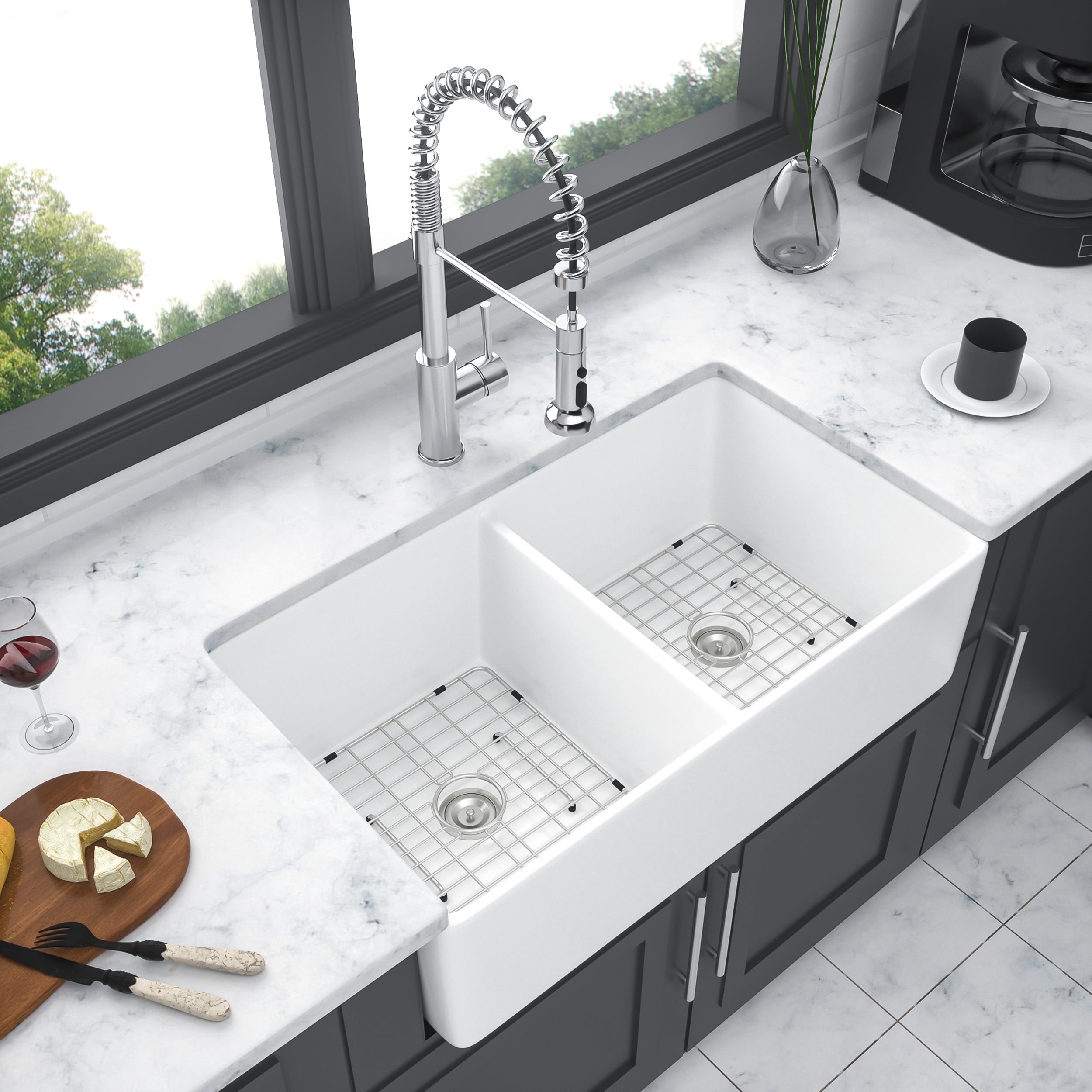White Farmhouse Sink - 32 inches Ceramic Fireclay Double Bowl Farm Apron Front Kitchen Sink