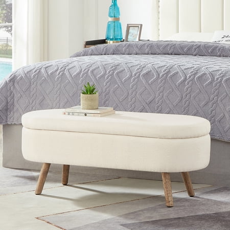 42" Storage Ottoman Bench, End of Bed Ottomans with Safety Hinge, Upholstered Oval Entryway Bench Foot Rest Stool for Living Room, 350lb Weight Capacity, Ivory