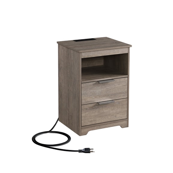 Dtwnek Nightstand with Charging Station and 2 Drawers and Open Shelf, Wooden End Table Side Table for Bedroom, Living Room, Gray