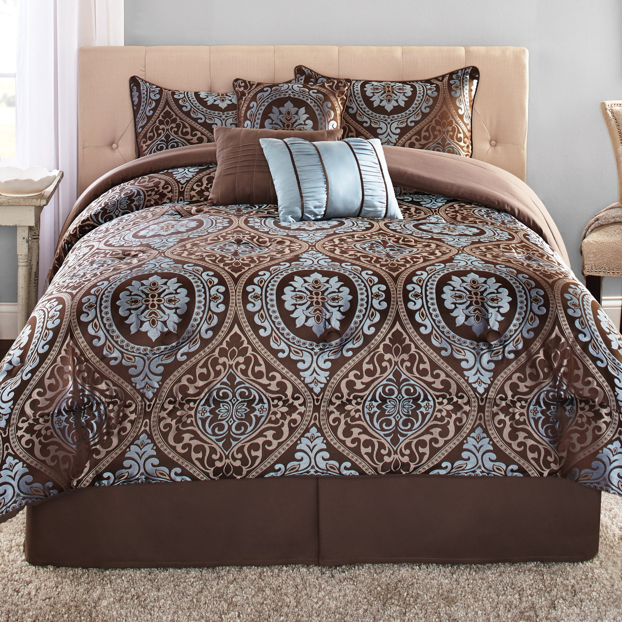Jacquard Quilted Bedspread Comforter Bedding Set with Eyelet Ring Top Curtains 