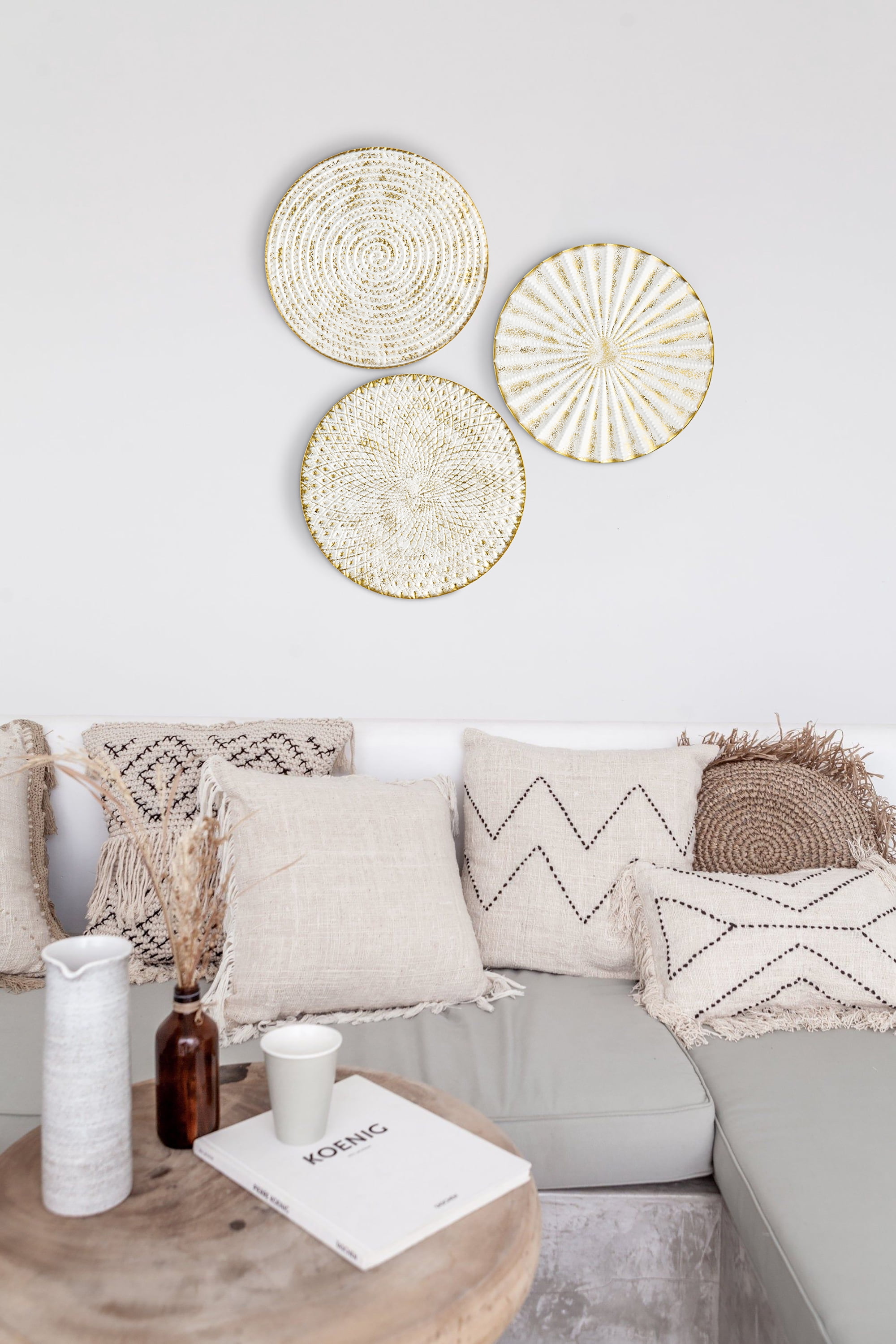 3Pcs 12" Gold Wall Decor Metal White Washed Starbursts Radial Plate Wall Art Modern Accent Hanging Wall Home Decorations