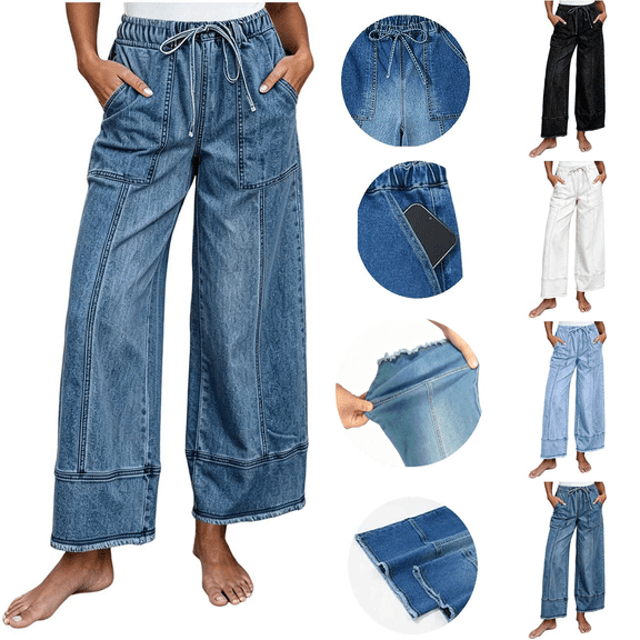 Perfectbot Women's Stretchy Wide Leg Jeans Drawstring High Waisted Frayed Hem Casual Denim Pants
