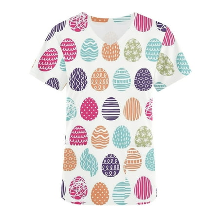 

Easter Scrub Tops Women Bunny Egg Hunt Print Medical Scrub Tops with Pockets Casual Comfy Short Sleeve V Neck Tunics