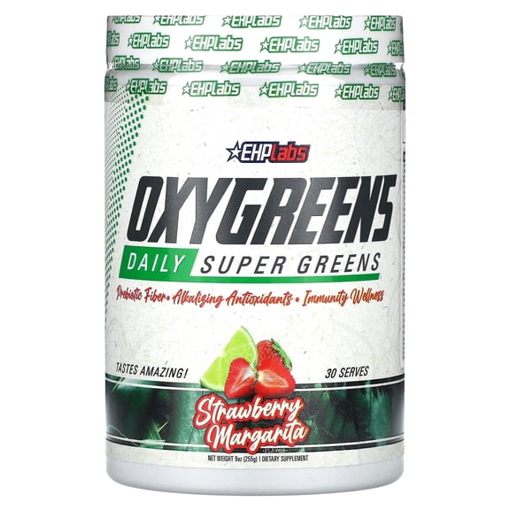 EHP Labs OxyGreens Super Greens Powder - Spirulina & Chlorella Superfood, Green Juice Powder & Greens Supplements with Prebiotic Fibre, Antioxidants & Immunity Support, 30 Serves (Strawb. Margarita)