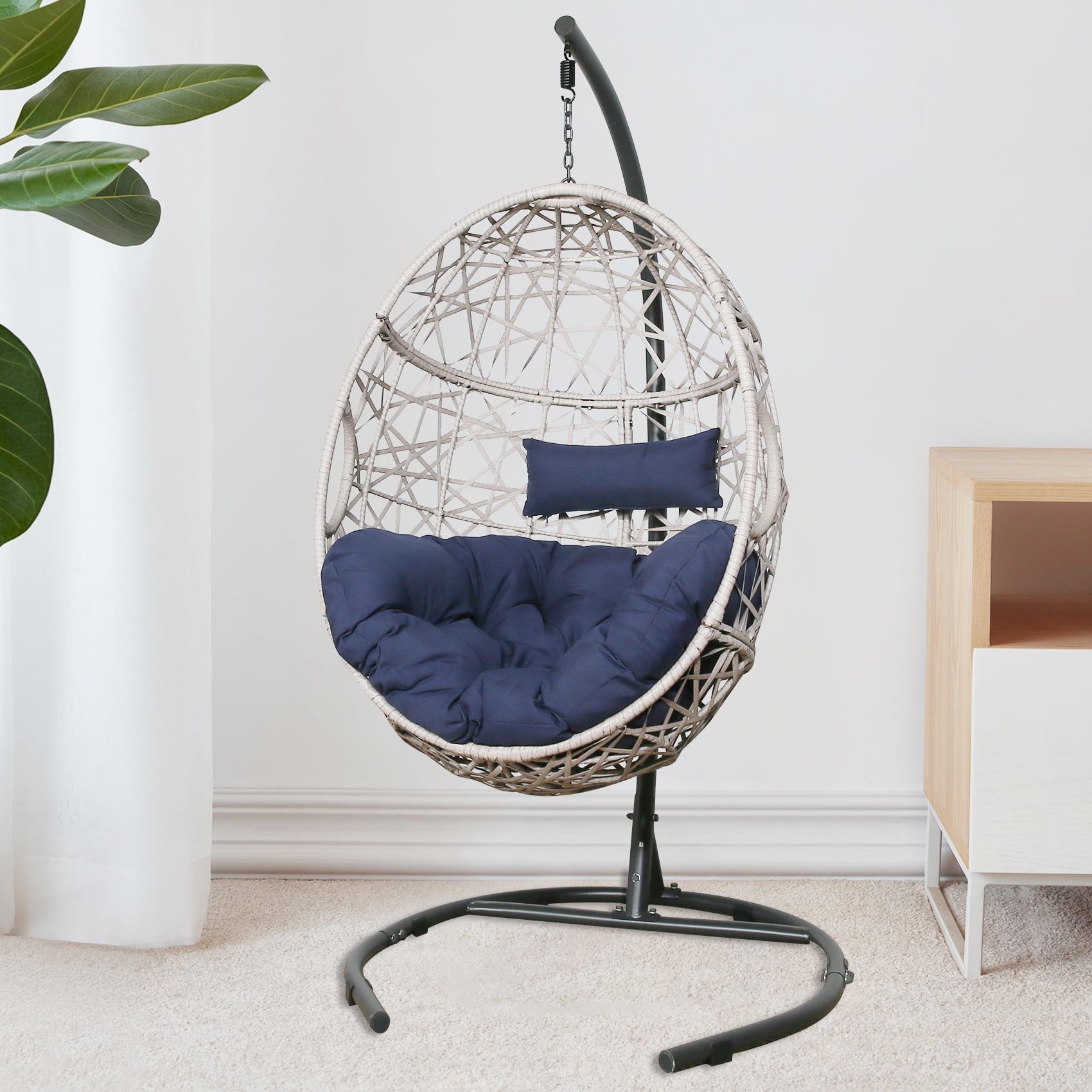 Navy Ulax furniture Outdoor Patio Wicker Hanging Basket Swing Chair Tear Drop Egg Chair with Cushion and Stand 