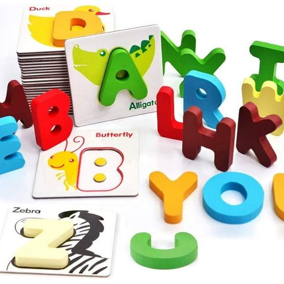 Vankcp 26Pcs Wooden Letters Card Numbers Alphabets ABC Flash Cards Set Montessori Educational Toy Animal Color Cognition Matching Puzzle Game for Toddlers Age 3 Preschool and Up Years