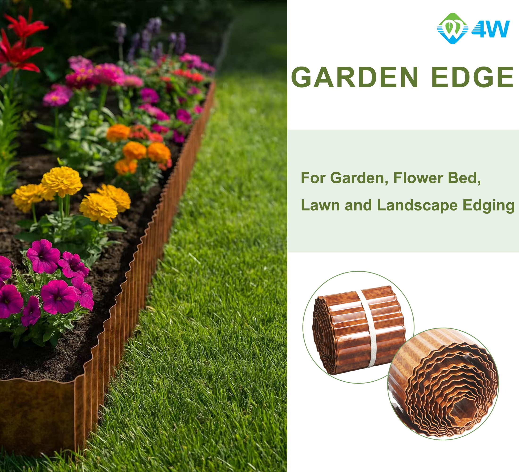 4W Galvanized Steel Garden Edging, 6" x 19.69' Corrugated Landscape Border, Flexible Lawn and Yard Edging Strip for Flower Beds and Tree Rings, Rust