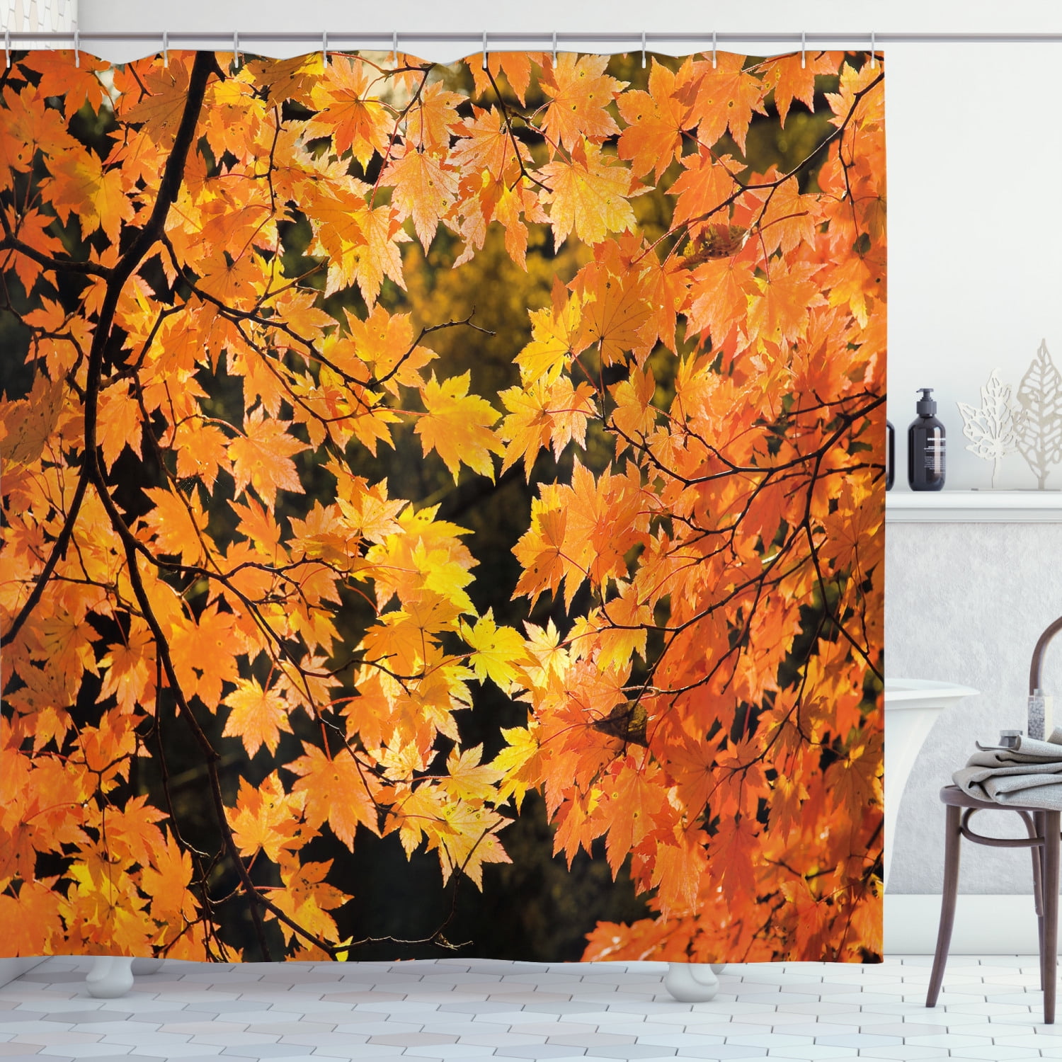 Fall Decor Shower Curtain, Vibrant Leaves of Autumn Maple Tree Branches