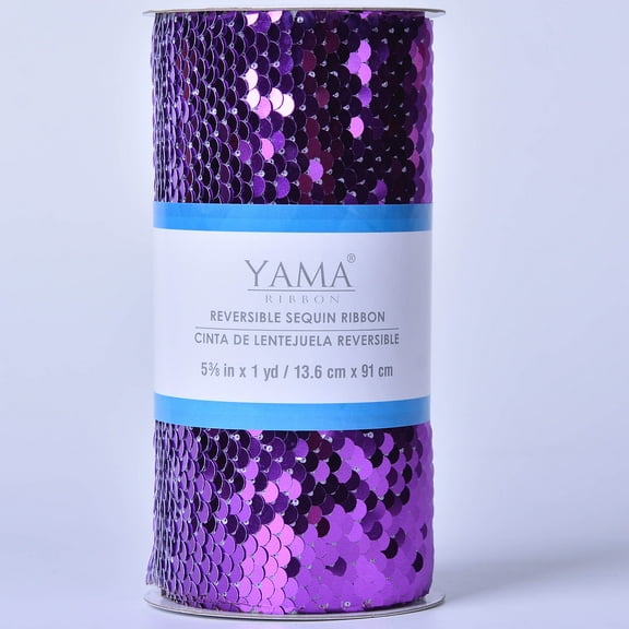 Yama Ribbon, 5-3/8inch Reverse Sequin Ribbon Purple/White, 3 feet
